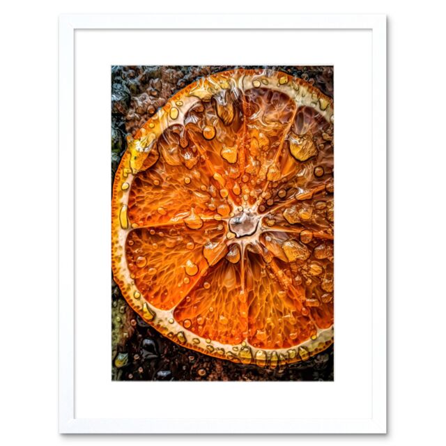 "Artery8 Wall Art Print Orange Slice with Juice Droplets Macro Painting Artwork Framed 9X7 Inch in White - Size: W7"" x H9""" - image 1