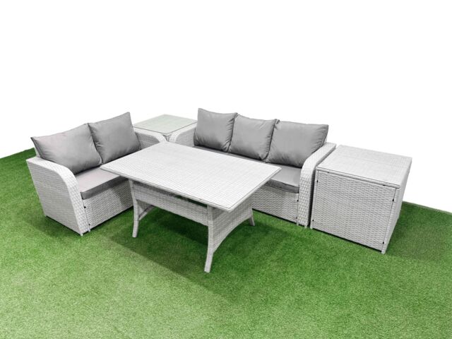Fimous 5 Seater PE Rattan Wicker Garden Furniture Patio Conservatory Sofa Set with Rectangular Dining Table 3 Seater Sofa Love Sofa 2 Side Table - image 1