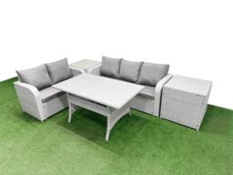 Fimous 5 Seater PE Rattan Wicker Garden Furniture Patio Conservatory Sofa Set with Rectangular Dining Table 3 Seater Sofa Love Sofa 2 Side Table - thumbnail 1