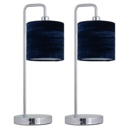 First Choice Lighting Set of 2 Chrome Arch Table Lamps with Navy Blue Crushed Velvet Shades in Silver