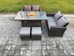 Fimous 5 Pieces Garden Furniture Sets Poly Rattan Outdoor Patio Gas Firepit Dining Table Sofa Set with 2 Small Footstools in Dark Grey - thumbnail 1