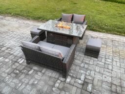 Fimous 5 Pieces Garden Furniture Sets Poly Rattan Outdoor Patio Gas Firepit Dining Table Sofa Set with 2 Small Footstools in Dark Grey - thumbnail 2