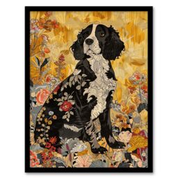 "Artery8 Spaniel in Wildflowers Portrait Floral Animal Framed Art Print in Yellow - Size: W12"" x H16""" - thumbnail 1