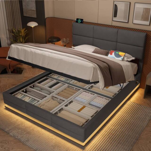 Direct Wicker Velvet Upholstered Double Bed with Adjustable Headboard, LED Lighting in Grey - image 1