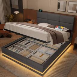 Direct Wicker Velvet Upholstered Double Bed with Adjustable Headboard, LED Lighting in Grey - thumbnail 1