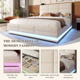 Direct Wicker Velvet Upholstered Double Bed with Adjustable Headboard, LED Lighting in Grey - thumbnail 4