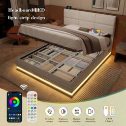 Direct Wicker Velvet Upholstered Double Bed with Adjustable Headboard, LED Lighting in Grey - thumbnail 3