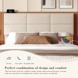Direct Wicker Velvet Upholstered Double Bed with Adjustable Headboard, LED Lighting in Grey - thumbnail 7