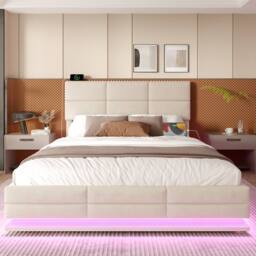 Direct Wicker Velvet Upholstered Double Bed with Adjustable Headboard, LED Lighting in Grey - thumbnail 8