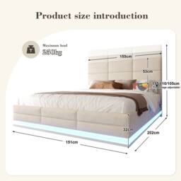 Direct Wicker Velvet Upholstered Double Bed with Adjustable Headboard, LED Lighting in Grey - thumbnail 2