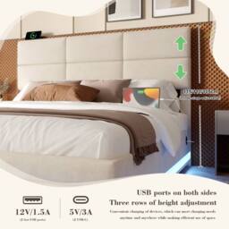 Direct Wicker Velvet Upholstered Double Bed with Adjustable Headboard, LED Lighting in Grey - thumbnail 6
