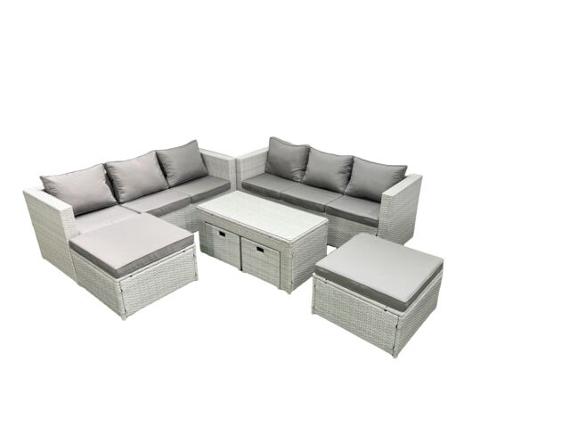Fimous Rattan Garden Furniture Set Outdoor Lounger Sofa with Coffee Table 4 Footstools Light Grey Mixed 10 Seater - image 1