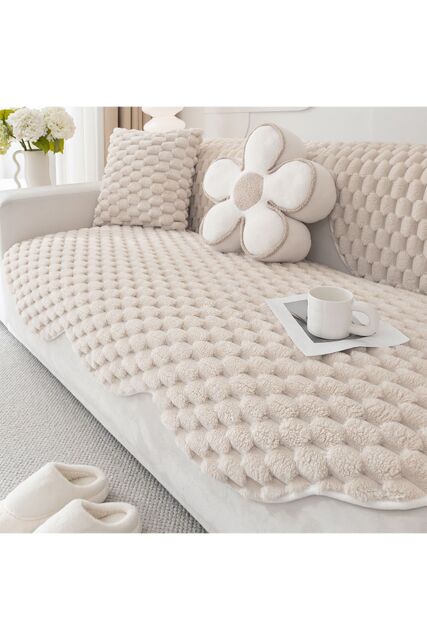 Living and Home Non-Slip Faux Plush Sofa Protector in Beige - Size: Extra Large - image 1