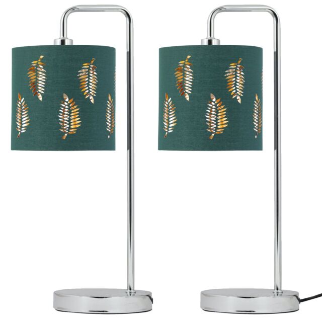 First Choice Lighting Set of 2 Arched Table Lamps with Dark Green Fern Cut Out Shades in Silver - image 1