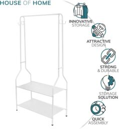 House of Home Clothes Rack With 2 Shoe Shelves Rail For Coats Jackets 4 Hanging Storage Hooks Black - thumbnail 3