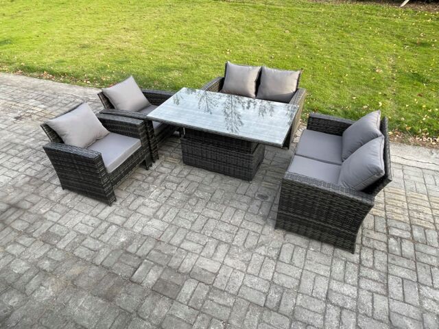Fimous Rattan Garden Furniture Sets 6 Seater Patio Outdoor Rising Lifting Table Sofa Set with Double Seat Sofa Dark Grey Mixed