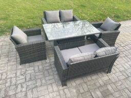 Fimous Rattan Garden Furniture Sets 6 Seater Patio Outdoor Rising Lifting Table Sofa Set with Double Seat Sofa Dark Grey Mixed - thumbnail 2