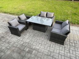 Fimous Rattan Garden Furniture Sets 6 Seater Patio Outdoor Rising Lifting Table Sofa Set with Double Seat Sofa Dark Grey Mixed - thumbnail 1