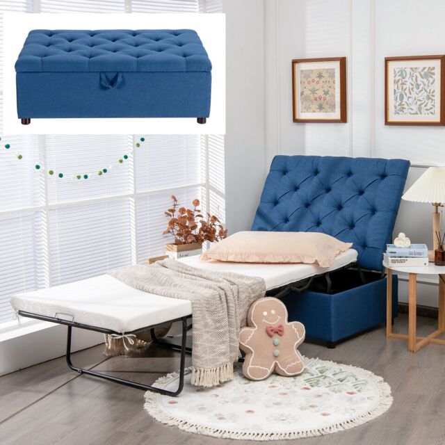 Gymax Convertible Sofa Bed Folding Ottoman Sleeper Space Saving Lounger in Blue - image 1