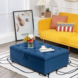 Gymax Convertible Sofa Bed Folding Ottoman Sleeper Space Saving Lounger in Blue - thumbnail 7
