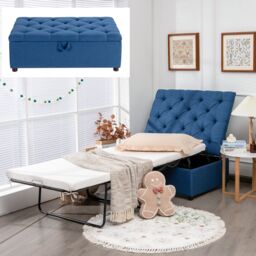 Gymax Convertible Sofa Bed Folding Ottoman Sleeper Space Saving Lounger in Blue - thumbnail 1