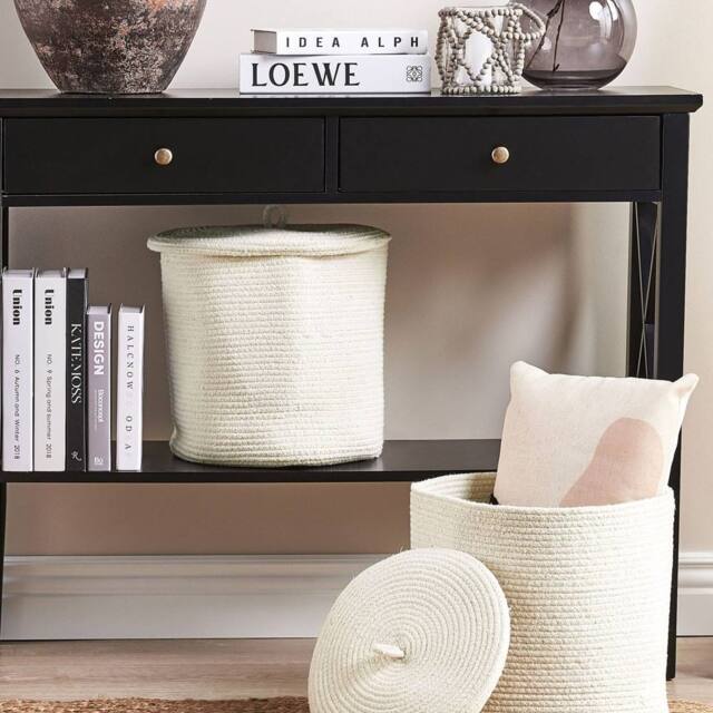 Wyld and Coco Set of 2 Cotton Storage Baskets with Lids Off-White Striped in White - Size: Medium - image 1