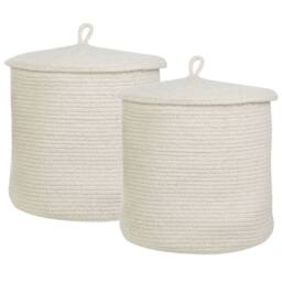 Wyld and Coco Set of 2 Cotton Storage Baskets with Lids Off-White Striped in White - Size: Medium - thumbnail 2