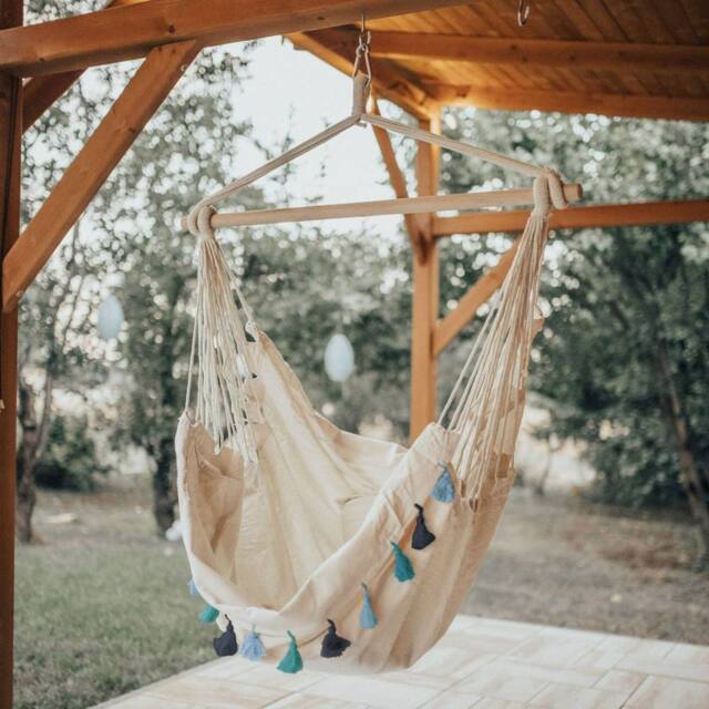 Wyld and Coco Hanging Hammock Chair Beige Blue Cushioned Seat Boho Indoor Outdoor - image 1