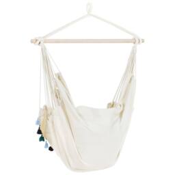 Wyld and Coco Hanging Hammock Chair Beige Blue Cushioned Seat Boho Indoor Outdoor - thumbnail 5