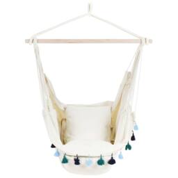 Wyld and Coco Hanging Hammock Chair Beige Blue Cushioned Seat Boho Indoor Outdoor - thumbnail 4
