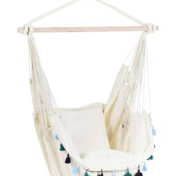 Wyld and Coco Hanging Hammock Chair Beige Blue Cushioned Seat Boho Indoor Outdoor - thumbnail 2