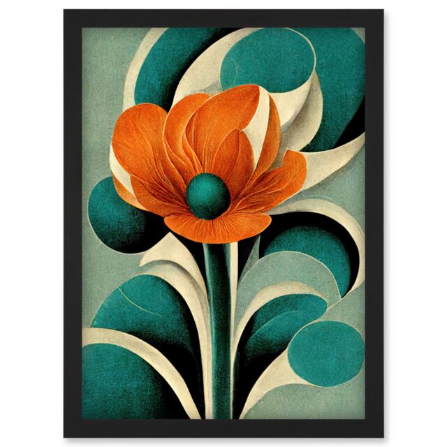 Artery8 Art Deco Poppy Flower Teal Orange Cream Artwork Framed Wall Art Print A4 in Black - image 1