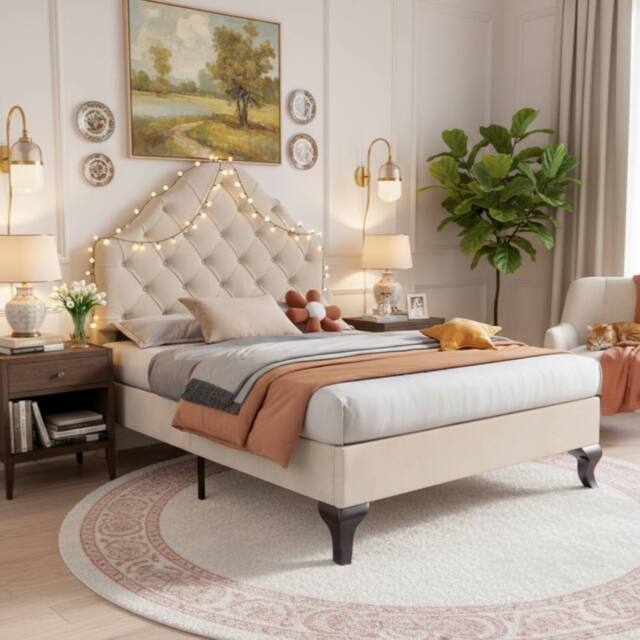 Merax 3FT Single Velvet Upholstered Bed Frame with Adjustable Headboard in Beige - image 1