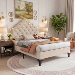 Merax 3FT Single Velvet Upholstered Bed Frame with Adjustable Headboard in Beige