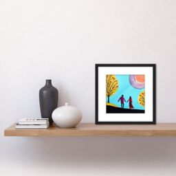 Artery8 Evening Walk In Autumn Fall Couple In Love Holding Hands. Square Wooden Framed Wall Art Print Picture 8X8 Inch in Black - thumbnail 2