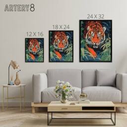 "Artery8 Jungle Tiger Prowling Stalking Animal Framed Canvas Wall Art Print in Orange - Size: W12"" x H16""" - thumbnail 4