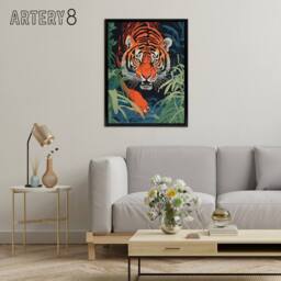 "Artery8 Jungle Tiger Prowling Stalking Animal Framed Canvas Wall Art Print in Orange - Size: W12"" x H16""" - thumbnail 3
