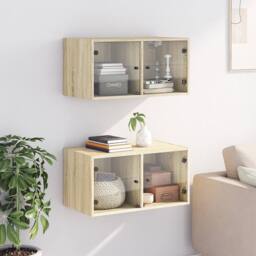 Berkfield Home Wall Cabinets with Glass Doors 2 pcs Sonoma Oak 68.5x37x35 cm in Light Tan - thumbnail 3