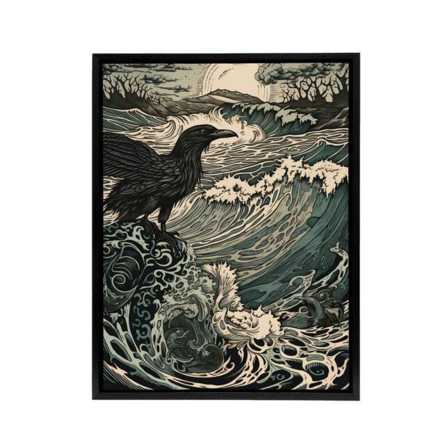 "Artery8 Raven & Crashing Waves Seascape Framed Canvas Wall Art Print in Blue - Size: W12"" x H16""" - image 1