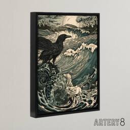 "Artery8 Raven & Crashing Waves Seascape Framed Canvas Wall Art Print in Blue - Size: W12"" x H16""" - thumbnail 2