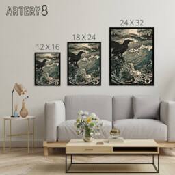 "Artery8 Raven & Crashing Waves Seascape Framed Canvas Wall Art Print in Blue - Size: W12"" x H16""" - thumbnail 4