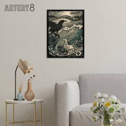 "Artery8 Raven & Crashing Waves Seascape Framed Canvas Wall Art Print in Blue - Size: W12"" x H16""" - thumbnail 3