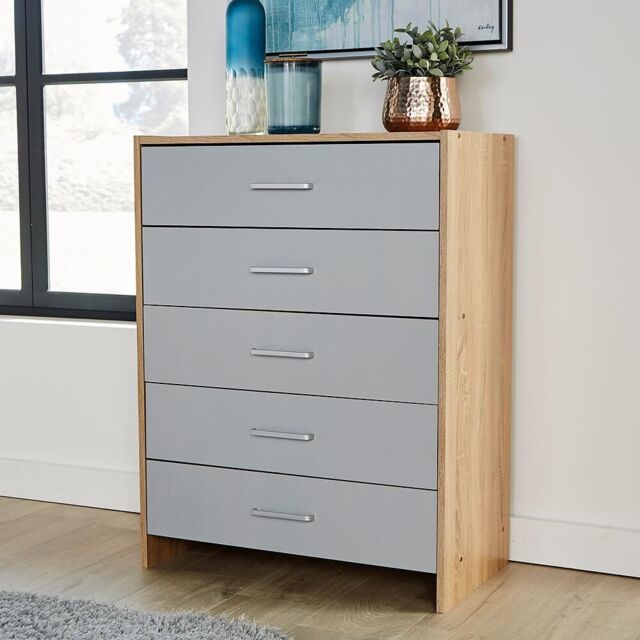 Home Source Chest 5 Drawers Bedroom Oak Black Storage Organiser Bedside Cabinet in Grey - image 1