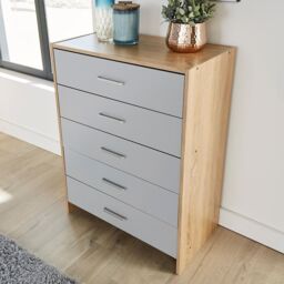 Home Source Chest 5 Drawers Bedroom Oak Black Storage Organiser Bedside Cabinet in Grey - thumbnail 2