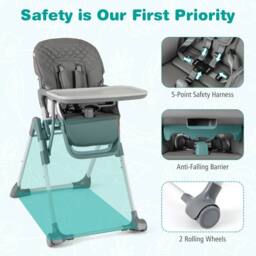 Costway Foldable Baby High Chair Height Adjustable Highchair w/Detachable Tray in Grey - thumbnail 8