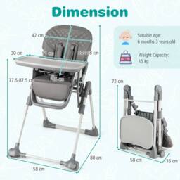 Costway Foldable Baby High Chair Height Adjustable Highchair w/Detachable Tray in Grey - thumbnail 2