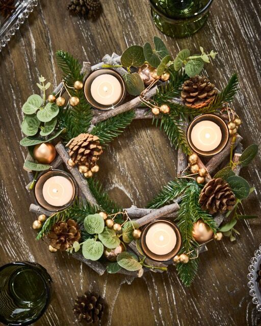 Dibor Eucalyptus & Cinnamon Round Centrepiece Christmas Decoration Tealight Holder Candle Holders 30cm in Green - image 1