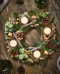 Dibor Eucalyptus & Cinnamon Round Centrepiece Christmas Decoration Tealight Holder Candle Holders 30cm in Green