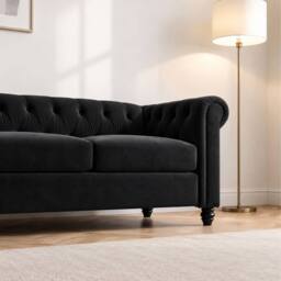 Sofaya Hampton 4 Seater Chesterfield Sofa Velvet Soft Cushion Couch in Black - Size: 4 Person - thumbnail 3