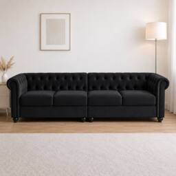 Sofaya Hampton 4 Seater Chesterfield Sofa Velvet Soft Cushion Couch in Black - Size: 4 Person - thumbnail 2